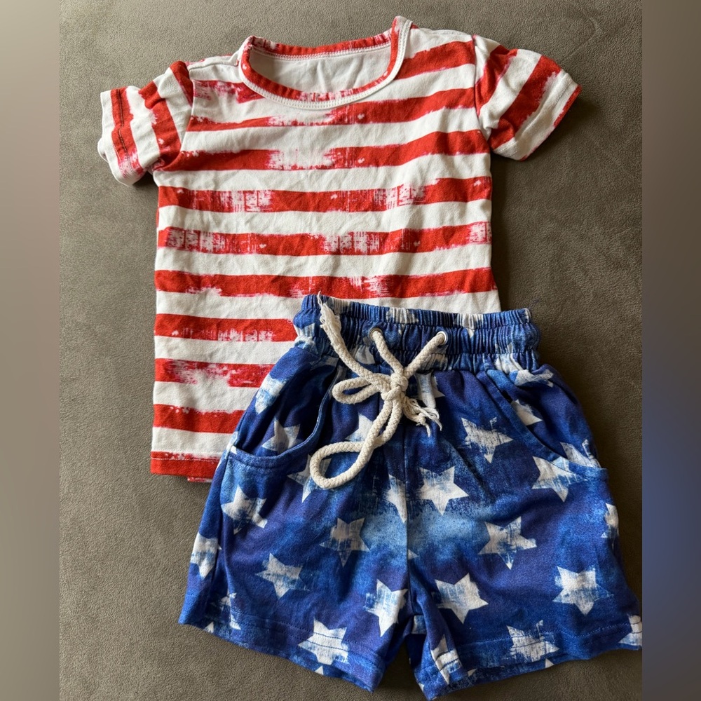 USA Red White & Blue 12-18 month Stripe Tee with Star Drawstring Shorts Set